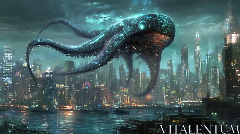 Cyberpunk Night City with Floating Robotic Octopus AI Image