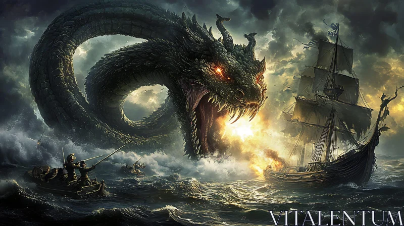 AI ART Colossal Kraken Attacks Ship Amidst Stormy Seas