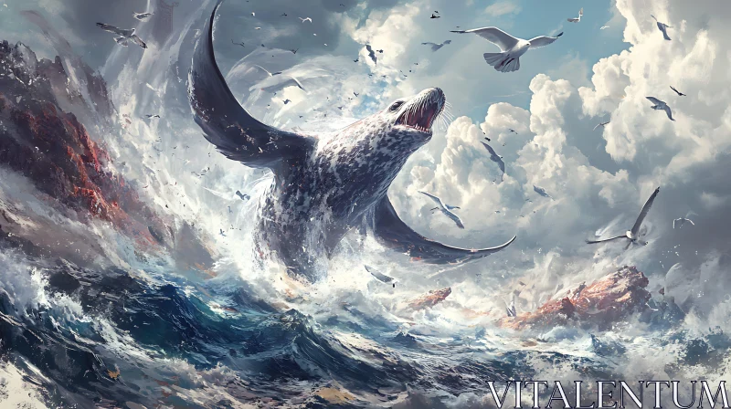 Whale Surrounded by Seagulls in Rough Seas AI Image