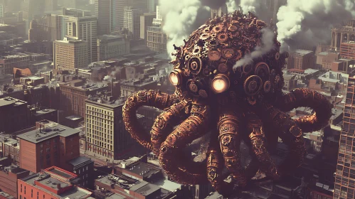 Mechanical Steampunk Octopus in an Urban Environment