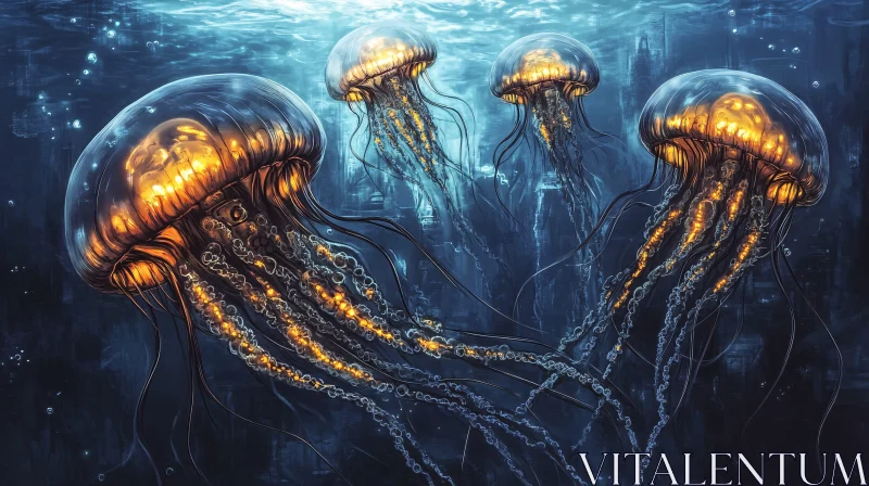 AI ART Golden Jellyfish in the Deep Blue Ocean