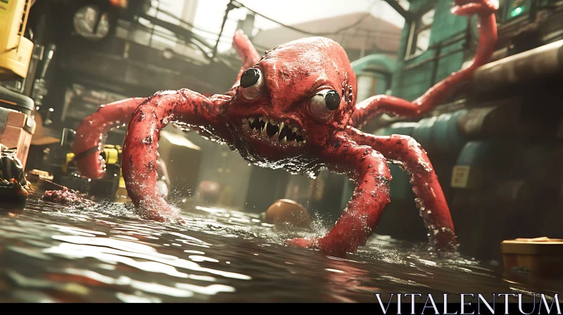 AI ART Red Tentacled Monster in Urban Setting