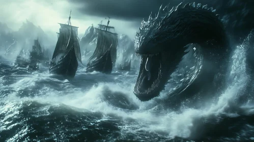 Krakens Facing Ancient Ships in a Storm