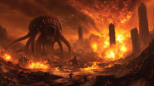 Giant Tentacled Beast in Fiery Destruction