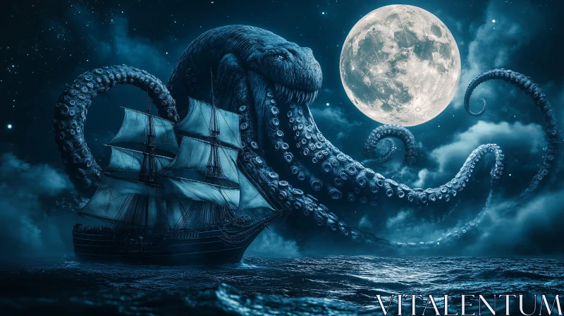 Majestic Ship Battles Colossal Kraken at Night AI Image