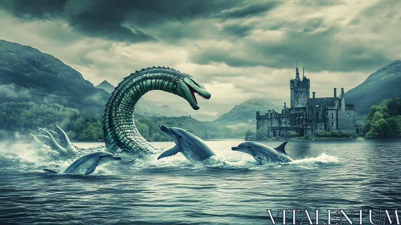 AI ART Fantasy Scene with Sea Monster and Castle