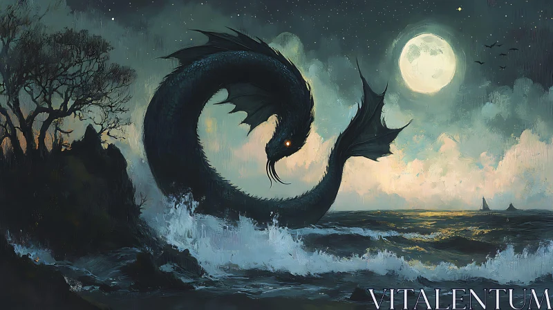 Mythical Sea Serpent Under Moonlit Night AI Image