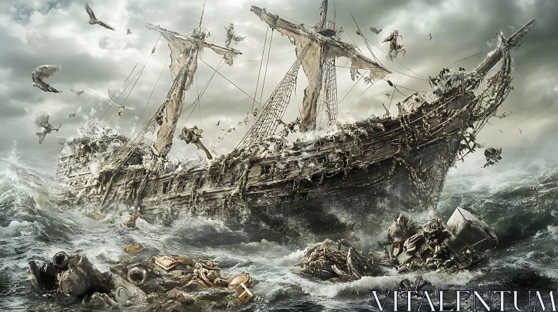 Mystic Shipwreck in the Stormy Ocean AI Image