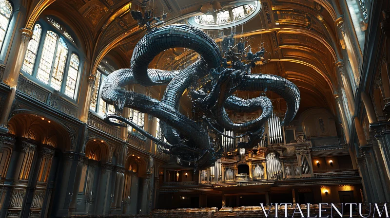 Majestic Metal Serpent Sculpture in a Cathedral AI Image