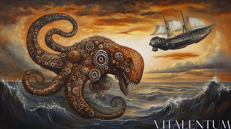 Mechanical Octopus and Flying Steampunk Ship AI Image