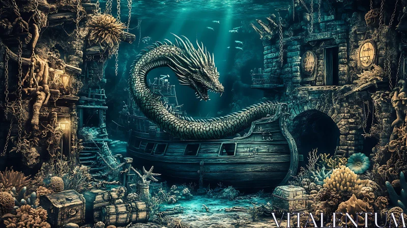 Mythical Dragon in Sunken Ship AI Image