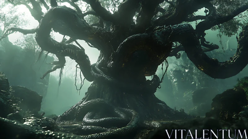 Mystical Forest with an Ancient Serpent-Entwined Tree AI Image