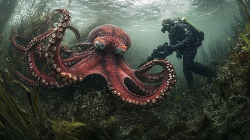 Underwater Diver and Red Octopus Interaction