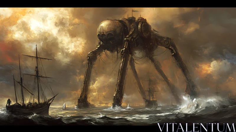 Steampunk Robot in Ocean Storm AI Image