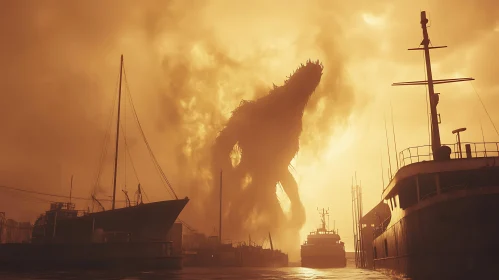 Enigmatic Monster in Foggy Harbor Scene at Dusk