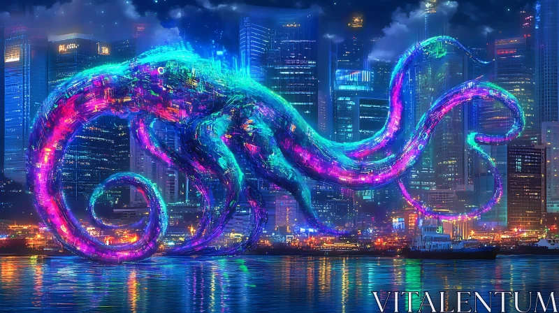 AI ART Futuristic Neon Octopus and City Lights