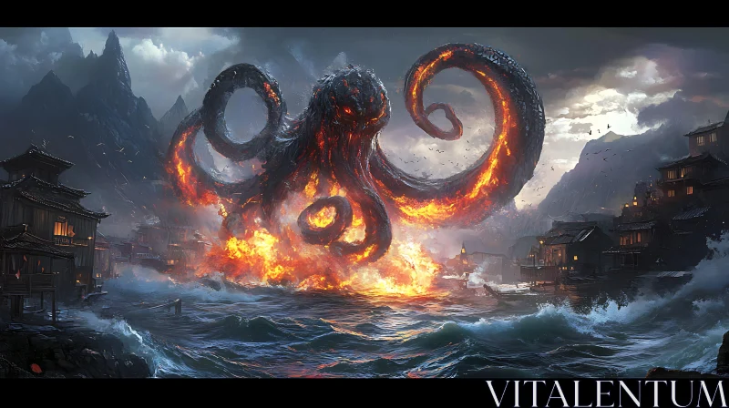 Inferno Kraken Eruption in Coastal Chaos AI Image