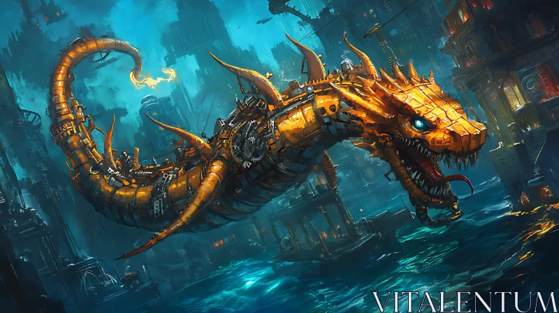 Mechanical Dragon in a Steampunk City AI Image