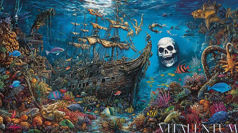 Mystical Underwater Scene with Shipwreck and Skull AI Image