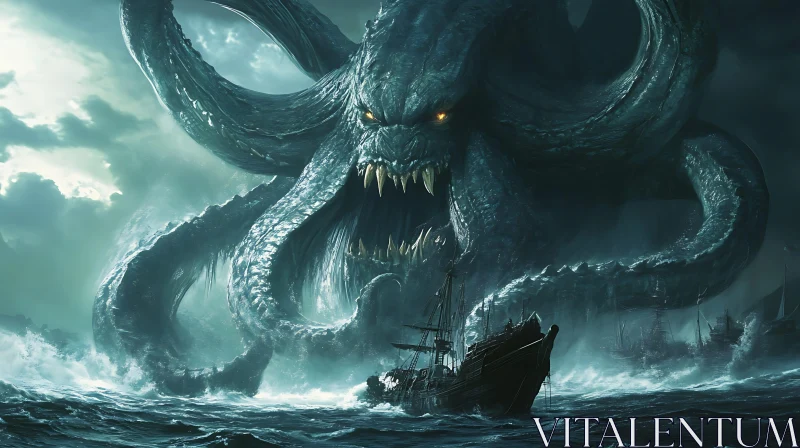 Monstrous Kraken Attacks Vessel in Turbulent Ocean AI Image