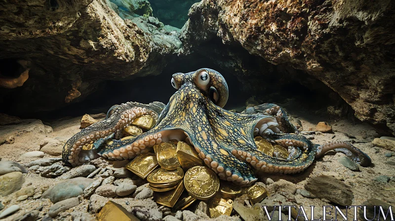 Octopus with Gold in Underwater Cave AI Image