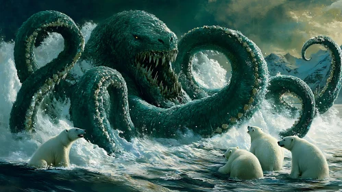 Colossal Kraken and Polar Bears in Arctic