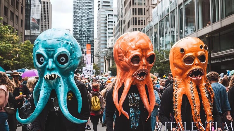 Street Festival with Squid Masked Participants AI Image