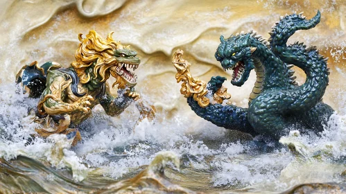 Fiery Clash of Mythical Creatures in Water