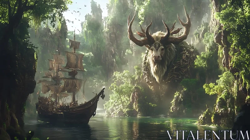 Enchanted Ship and Mythical Beast AI Image