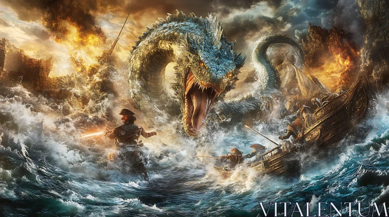 Sea Dragon Attack in Fantasy Adventure AI Image