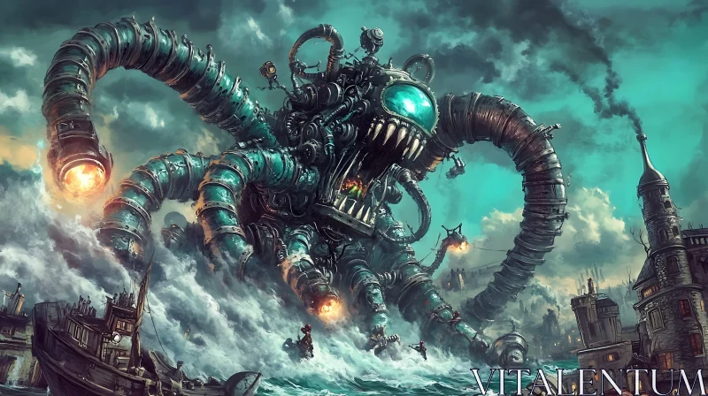 AI ART Gigantic Steampunk Octopus Assaults Urban Area