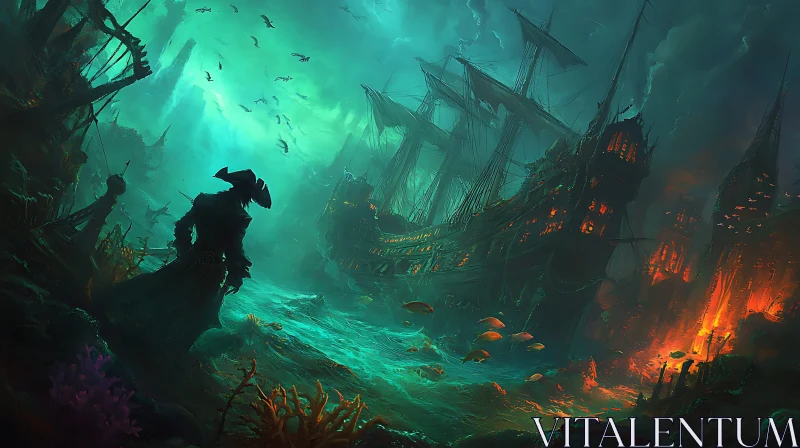 Mysterious Underwater Pirate Scene with Fire AI Image