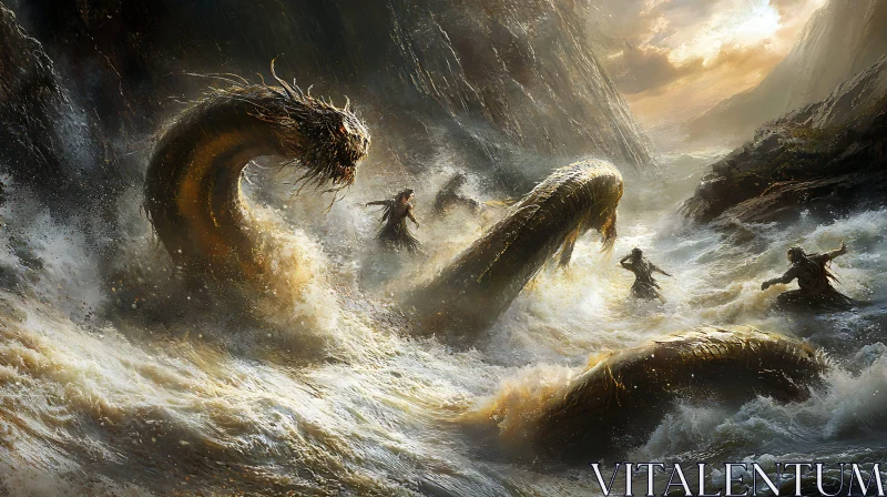 Mythical Sea Monster versus Warriors in Stormy Waters AI Image