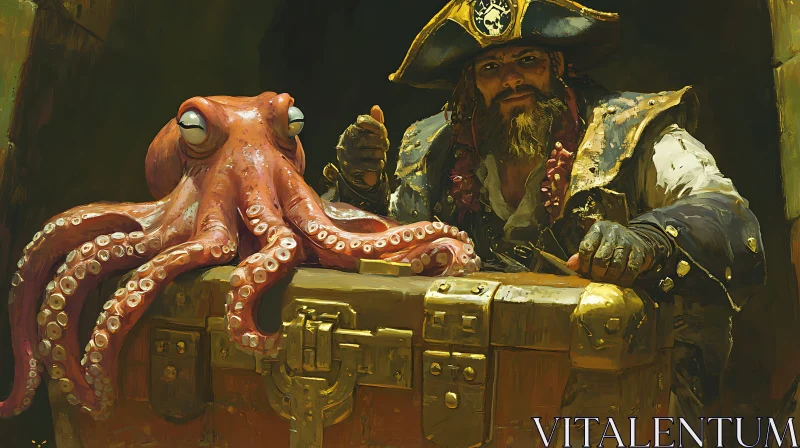 Fantastical Pirate with Treasure and Animated Octopus AI Image