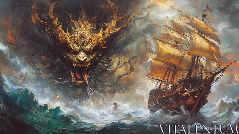 Legendary Voyage: Mythical Beast and Sailing Ship AI Image