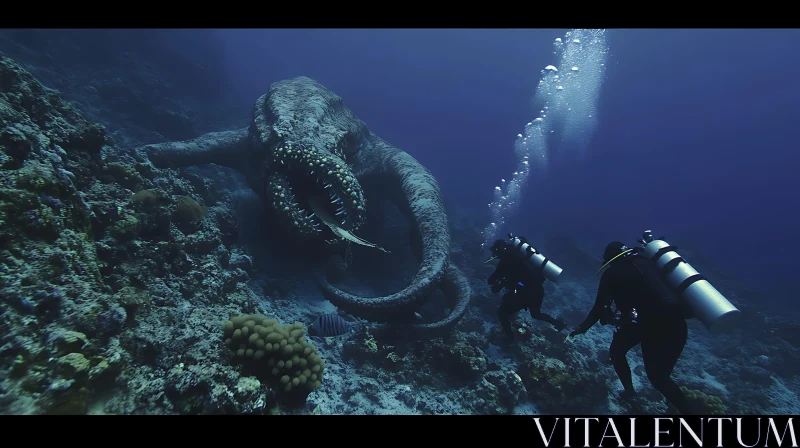 AI ART Divers Facing a Monstrous Sea Beast