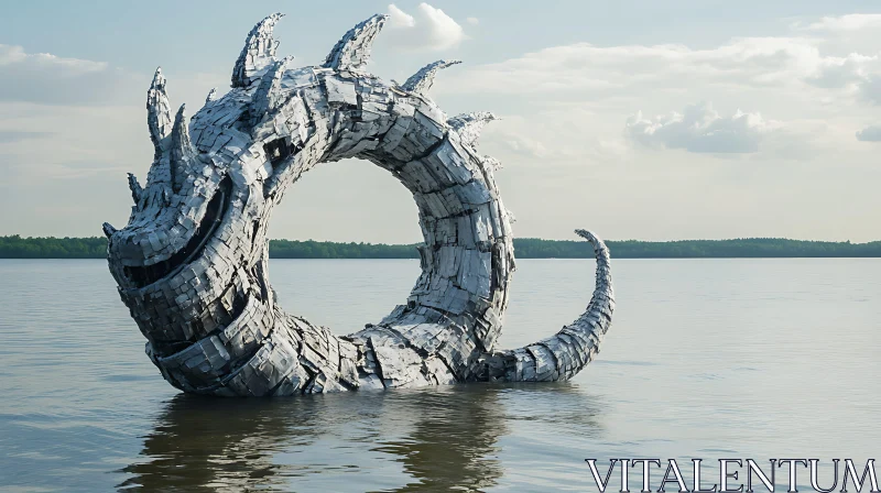 Metal Dragon Art Installation in Serene Waters AI Image