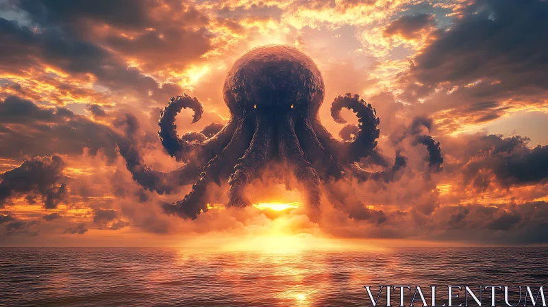 Massive Kraken in Sunset Sky AI Image