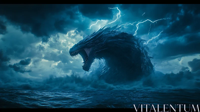 Titanic Sea Monster in a Thunderous Storm