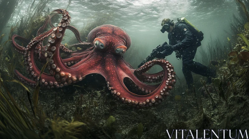 Underwater Diver and Red Octopus Interaction