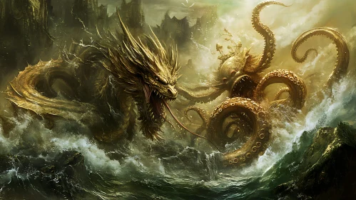 Mythical Battle of Dragon vs Kraken