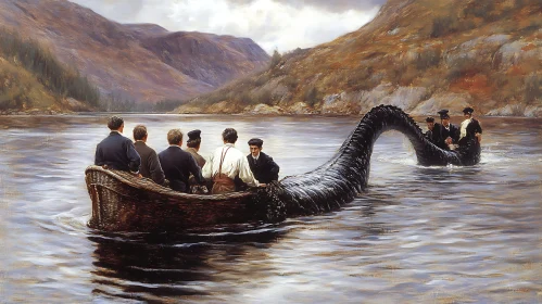 Vintage Lake Adventure with Mythical Creature