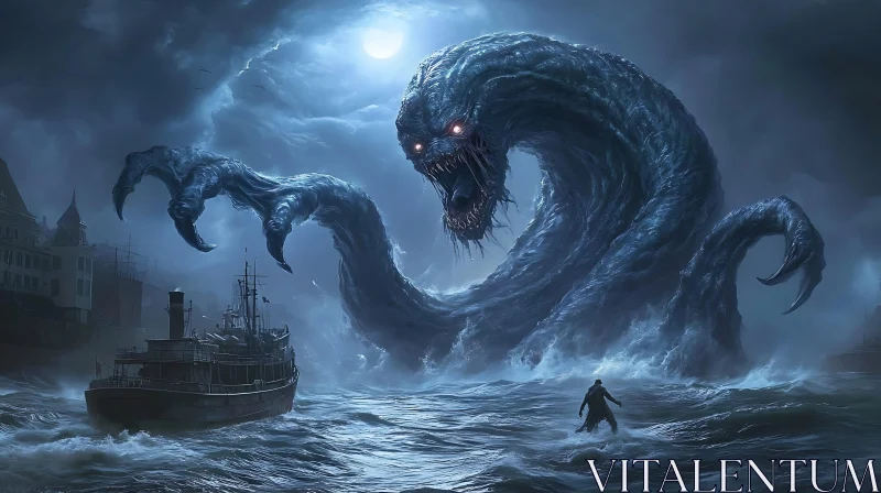 Giant Sea Monster Menaces Ship on Stormy Night AI Image