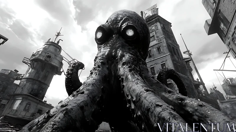 Giant Tentacled Monster in Desolate Cityscape AI Image