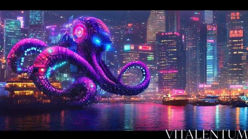 Cyberpunk Octopus in Futuristic Night City AI Image