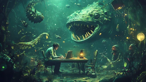 Underwater Fantasy Scene with Man and Desk