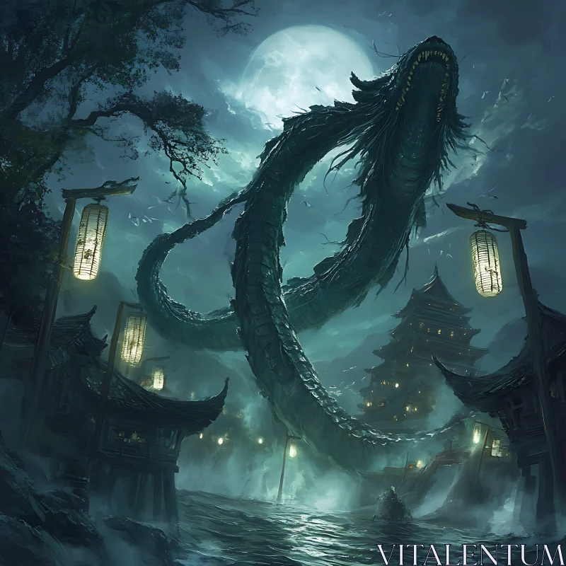 AI ART Fantasy Dragon Soaring Over Moonlit Temple