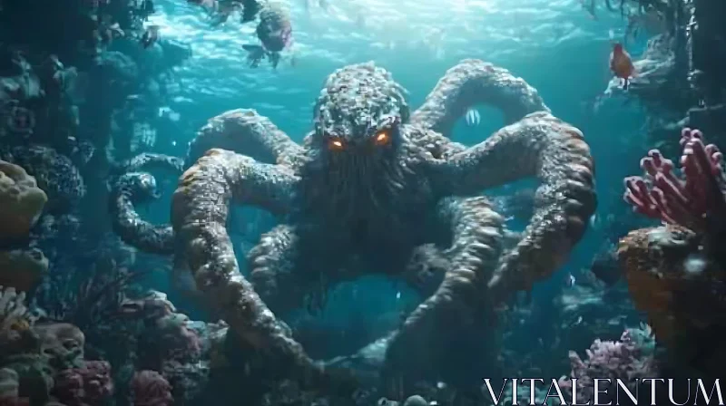 Majestic Kraken Amongst Underwater Coral Reefs AI Image