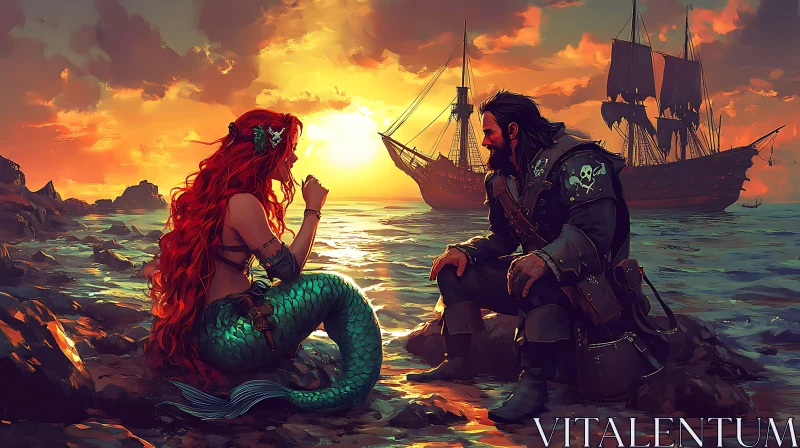 Mythical Meeting: Sunset Dialogue between Mermaid and Pirate AI Image