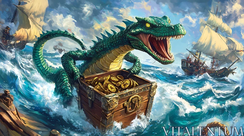 Sea Dragon with Treasure Chest Amidst Ships AI Image